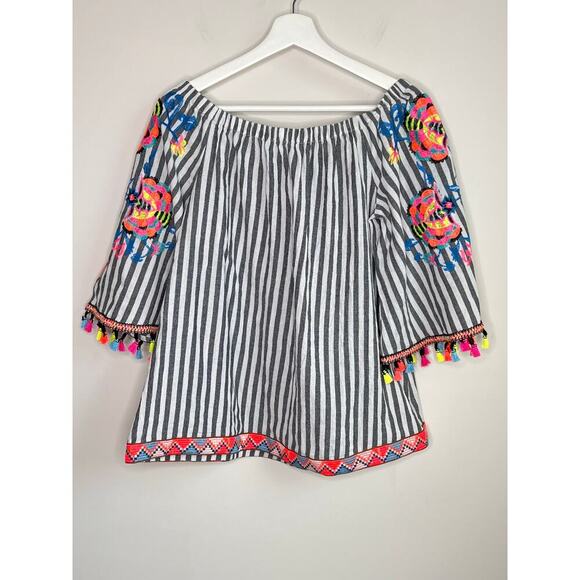 See And Be Seen Striped Off-Shoulder Half Sleeve Blouse Black/Multi Womens S NWT - Picture 1 of 9